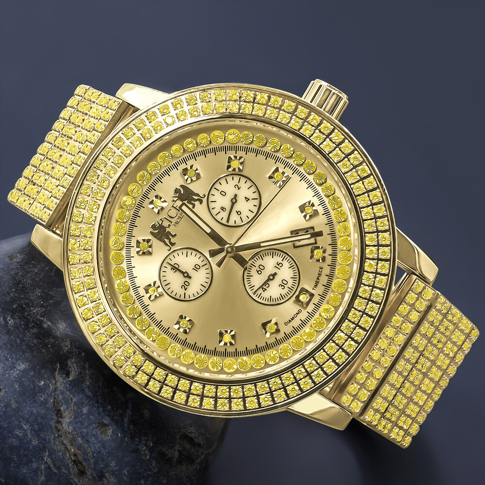 Pre-owned Ice House Real Diamond Dial Full Stainless Steel Canary Gold Tone Men's Watch W/date 54mm