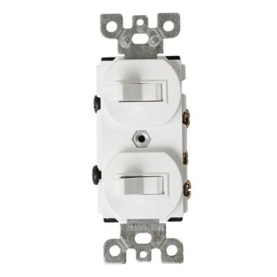 Duplex Double Toggle Light Switch, Single Pole, 15A 120V, UL Listed, White