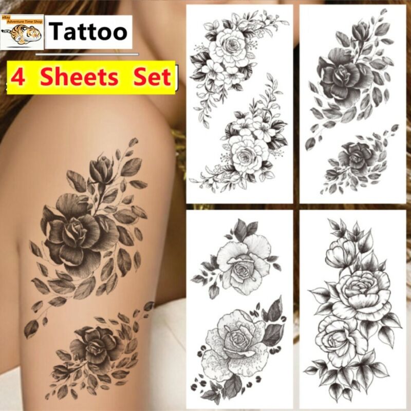 4 Sheets / Set Temporary Tattoo Stickers Waterproof Rose Flowers Arm Body Art