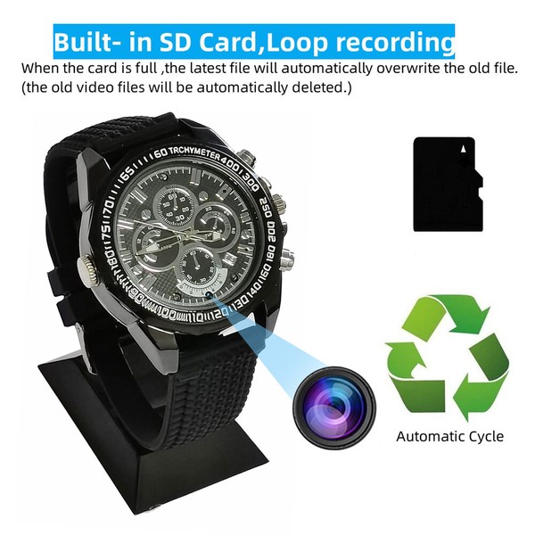 Chronograph watch with hidden camera and loop recording feature.
