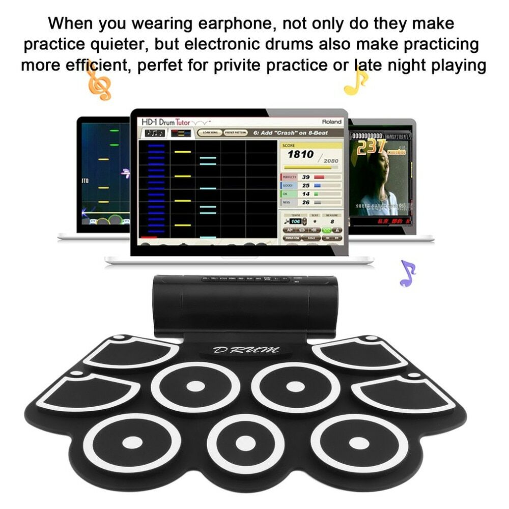 Beginner Roll Up Electric Drum Set USB MIDI Speakers Foot Pedals Drum Sticks Pad