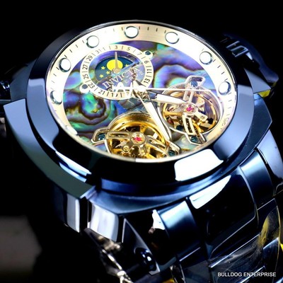 Pre-owned Invicta Man Of War Double Open Heart Automatic Moon Phase Abalone Blue Watch