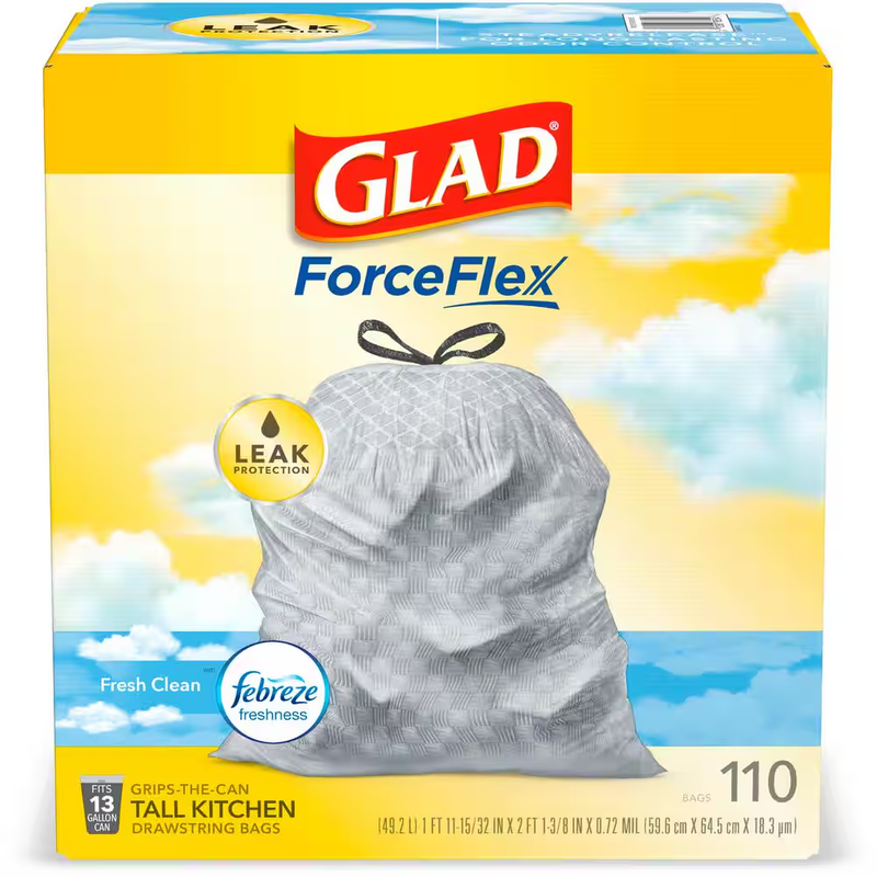 Glad ForceFlex 13 Gal Tall Kitchen Trash Bags 110 Ct Fresh Clean Febreze Scent