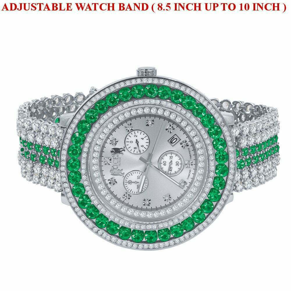 Pre-owned Ice House Mens Green Emerald Xxl Custom Watch Real Diamond Dial 18k White Gold Finish Date