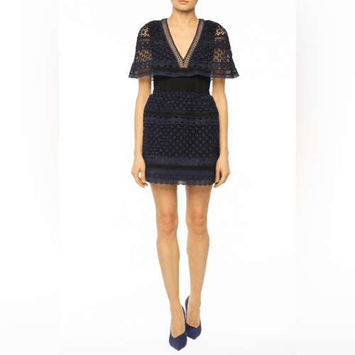 Pre-owned Self-portrait Self Portrait Guipure Cape Lace Dress In Blue In Multicolor