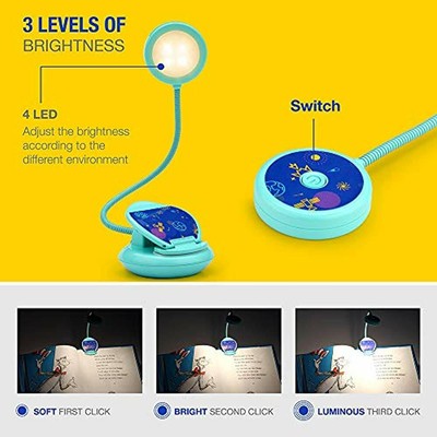 Rechargeable 4 LED Warm Eye-Care Book Light, 3 Brightness Levels, Weight 1.8 Oz,