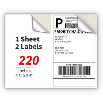 Shipping Labels 2 Per Sheet 8.5 x 5.5'' Half Sheets Blank Self Adhesive 220-11000