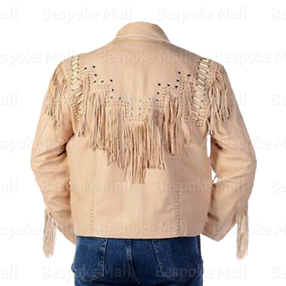 Pre-owned Handmade Men's Native American Western Cowboy Leather Jacket Fringes Bone Studs-245 In White