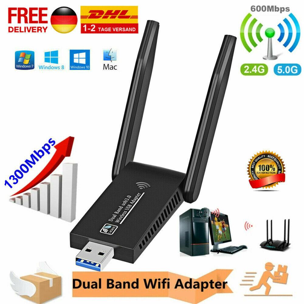 USB 3.0 Stick WLAN Adapter 1300 Mbps WiFi Dual 5GHz Dongle Antenne PC DE