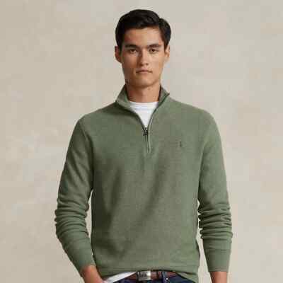 NWT Polo Ralph Lauren Heather Green Cotton 1/4 Zip Mesh Knit Pullover Sweater