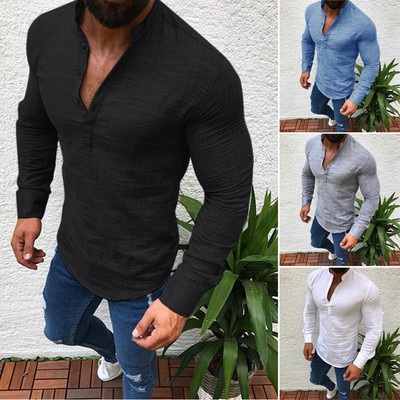 Herren VAusschnitt Stehkragen Leinenhemd T Shirt Slim Fit Langarm Sommerhemden