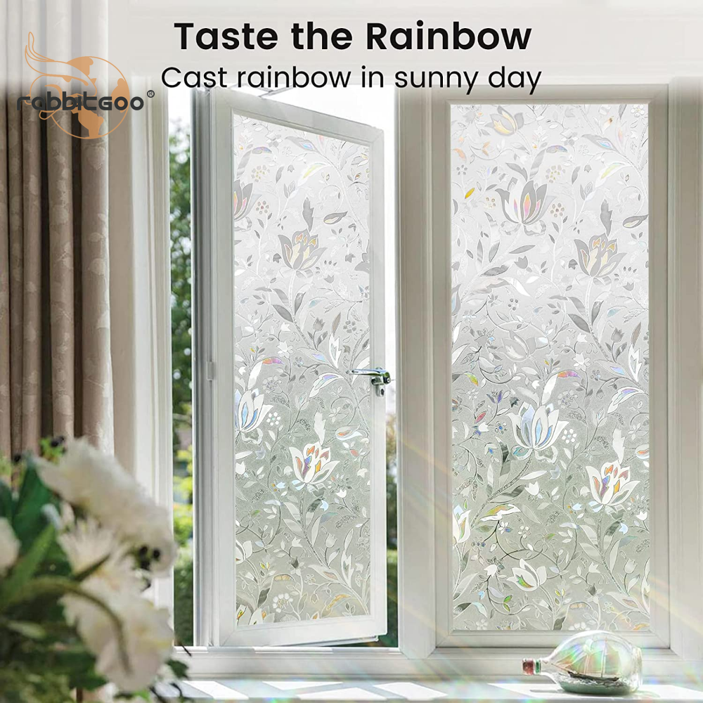 rabbitgoo 3D Decorative Window Film Stained Glass Film Rainbow Frosted Flowers