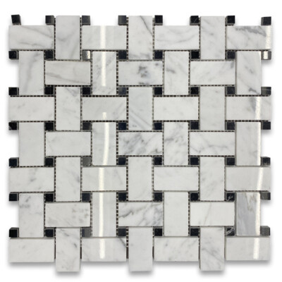 L651XP Basketweave Mosaic Statuary Statuario White Marble 1x2 Tile Polished