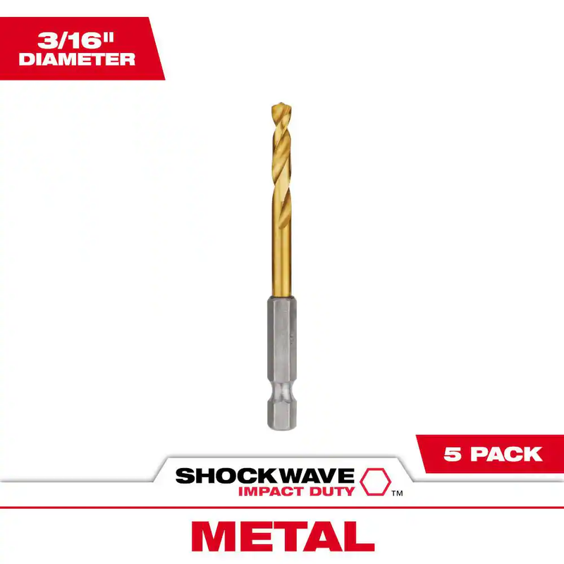 Milwaukee Titanium Drill Bits 3/16in 5 Pack Shockwave Red Helix Impact Hex Shank