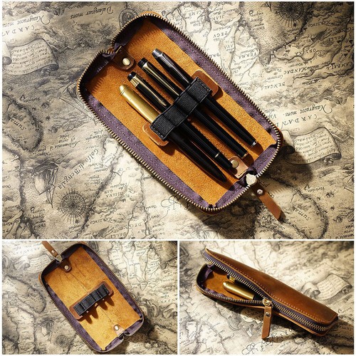 Vintage Genuine Leather Pencil Case Zipper Pen Pouch School Stationery Storage