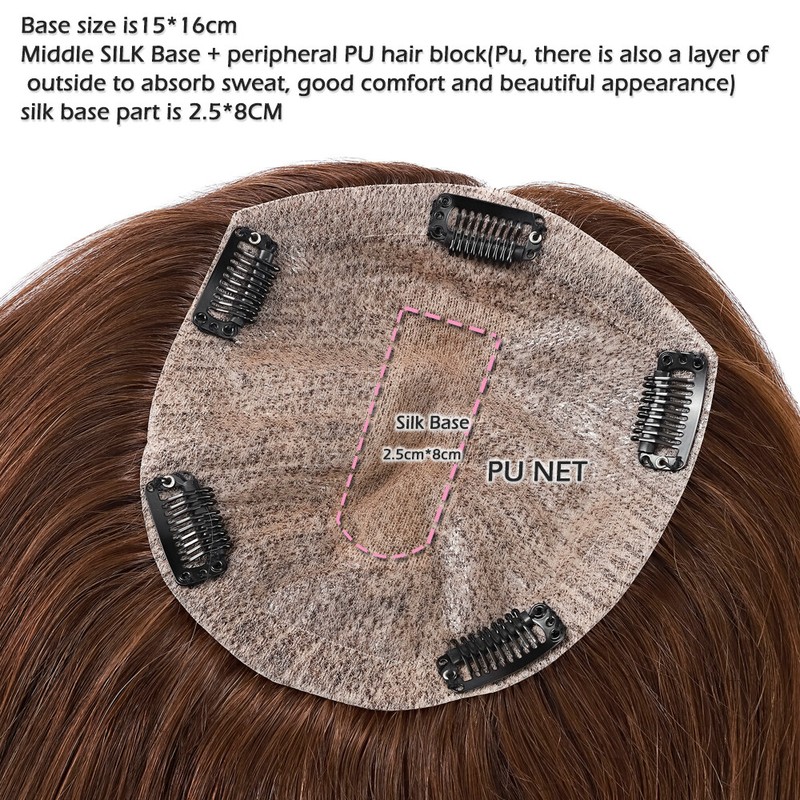 100% Silk Base 15*16cm Thick Human Hair Hairpiece Topper Clip in Remy Wigs Brown