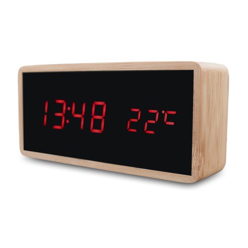 Natural Bamboo Wooden Alarm Clock LED Mirror Thermometer w/ Sound Control Mode