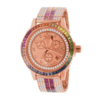 Pre-owned Ice House 18k Rose Gold Tone Solid Steel Bezel Real Diamond Dial Rainbow Multi Tone Watch