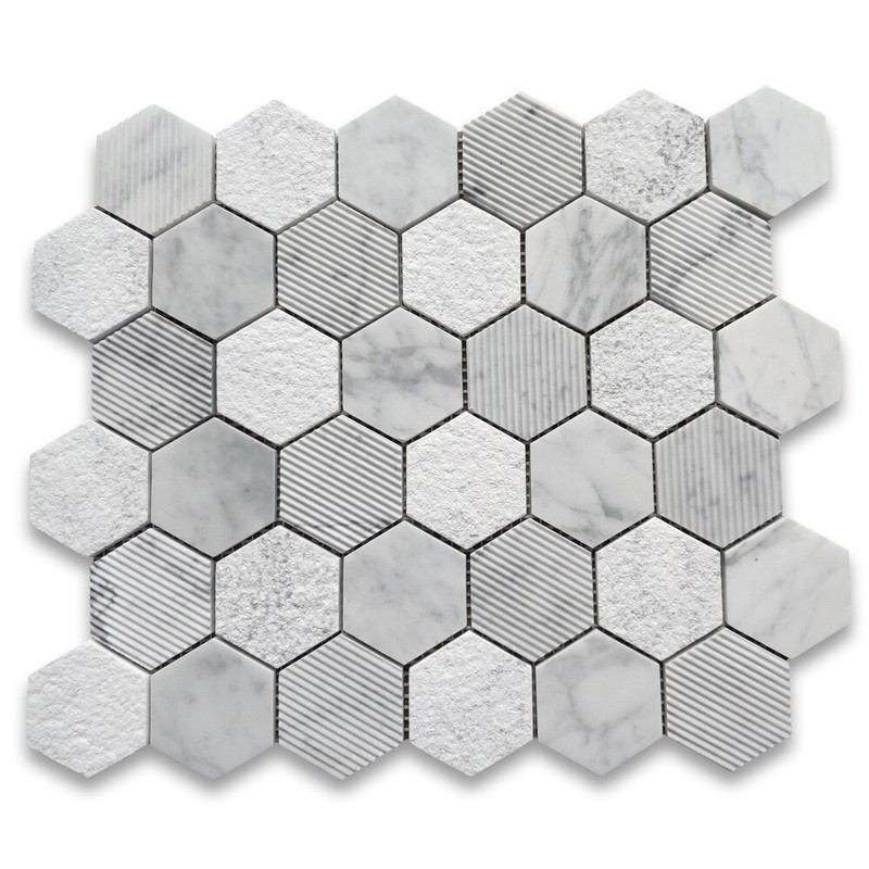 C32XM Carrara White Marble Hexagon Mosaic Tile Textured Mixed Finish