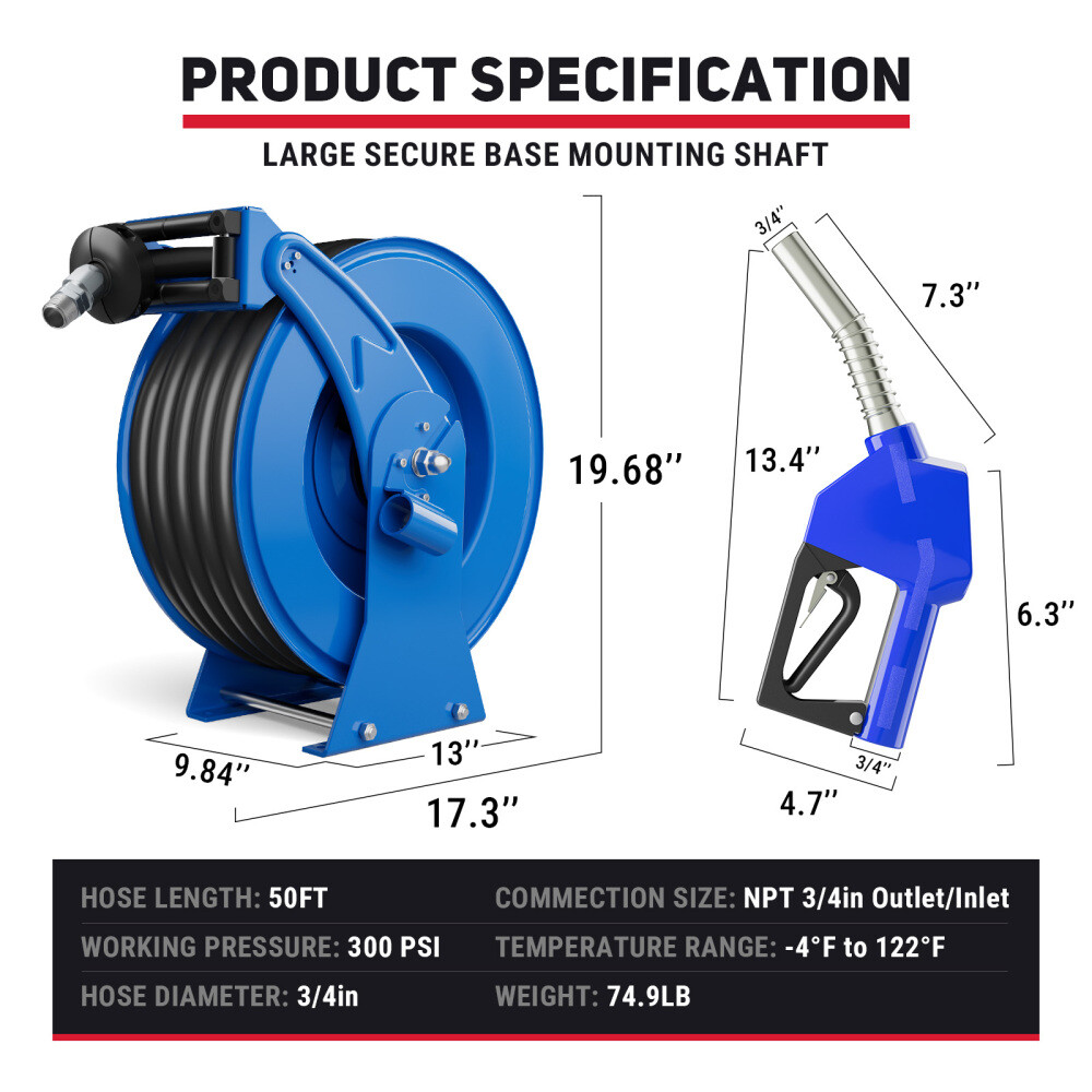 Fuel Hose Reel Retractable with Fueling Nozzle, 3/4" x 50" Heavy Duty Steel Reel