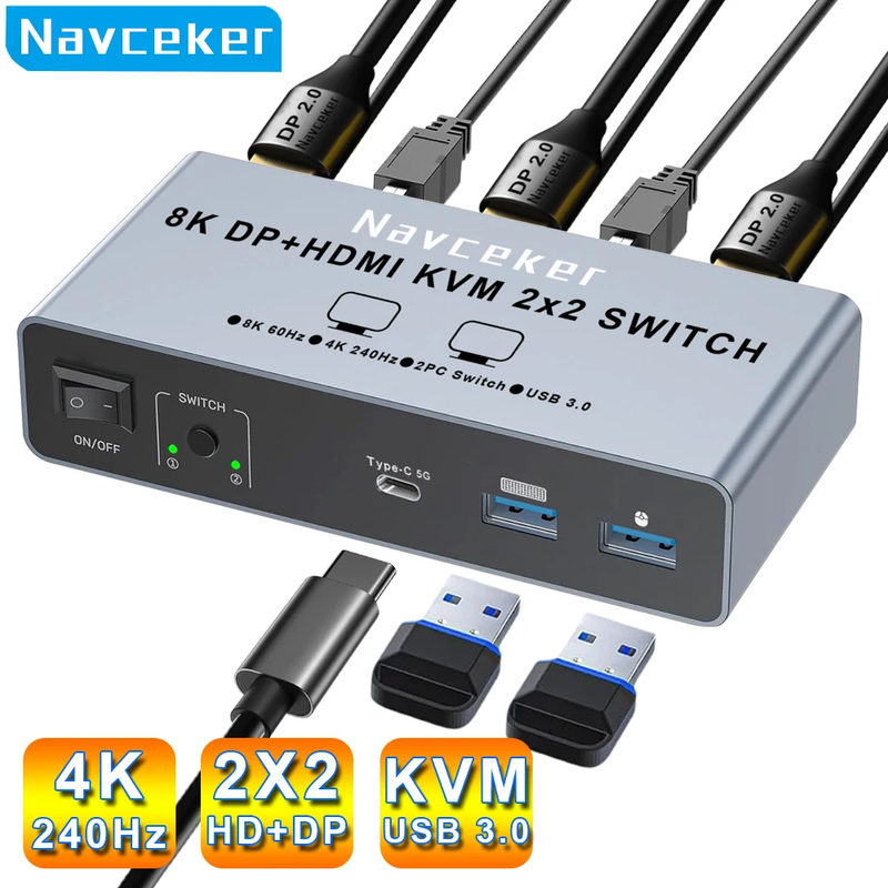 4K 240Hz 2x2 HDMI DP KVM Switch Dual Monitor Extended Display USB KVM Switcher 2