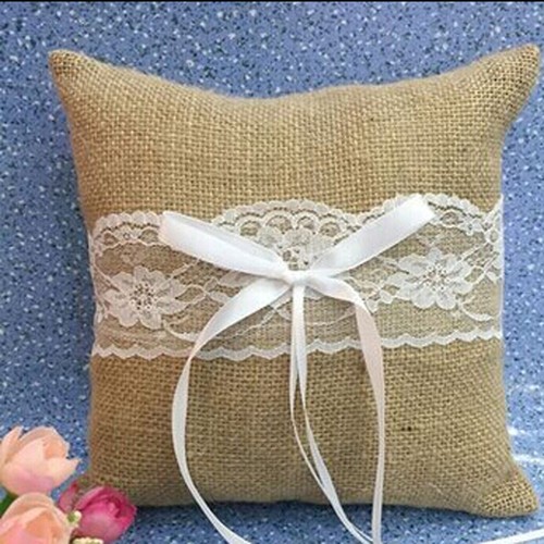Ribbon Rustic Burlap Lace Ring Pillow For Wedding Party Bridal