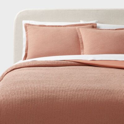 Twin/Twin Extra Long Washed Waffle Weave Duvet Cover and Sham Set Light Pink -