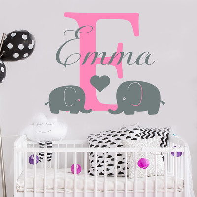 Girls Name Wall Decal Elephant Decal Monogram Sticker Nursery Room Decor MA171