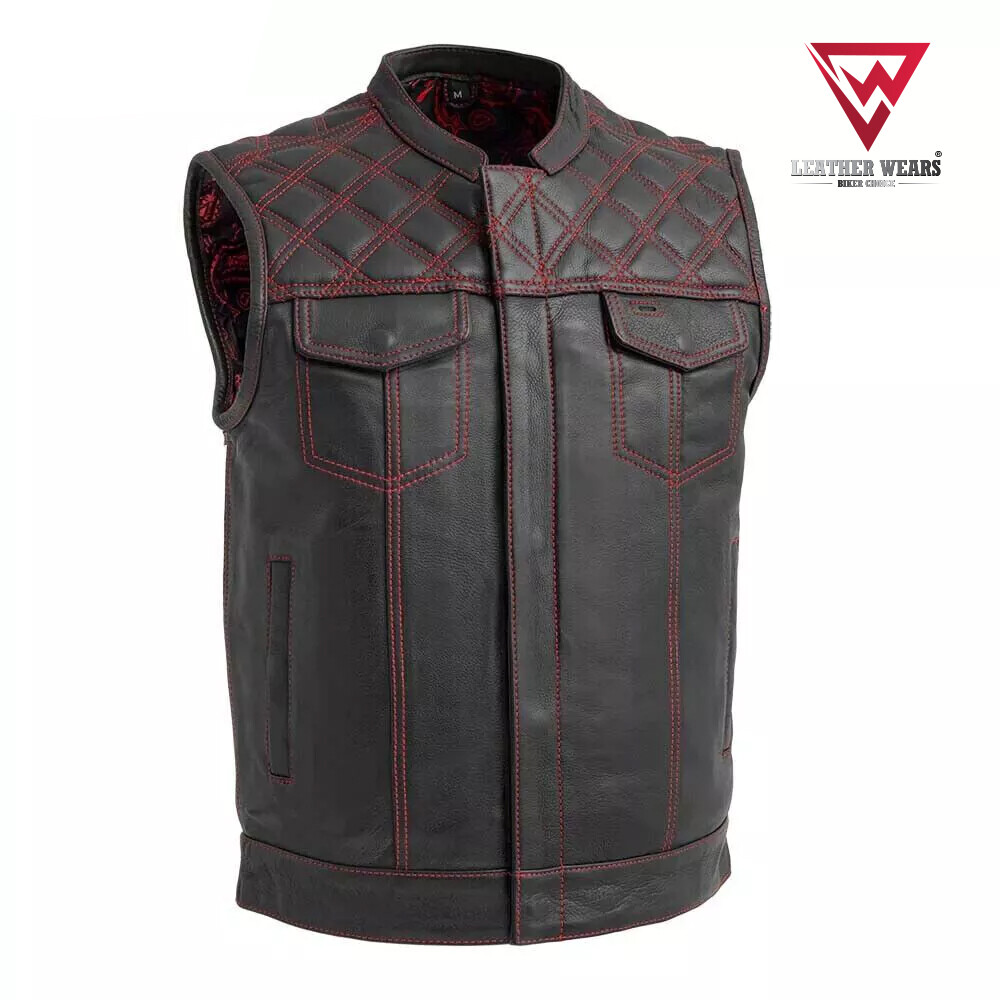 Men's Leather Vest Custom Made Motorbike Red Paisley Liner