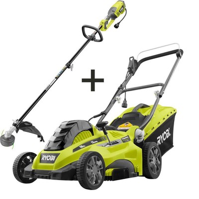 RYOBI 16 in. Corded Electric Walk Behind Push Mower and 10 Amp String Trimmer