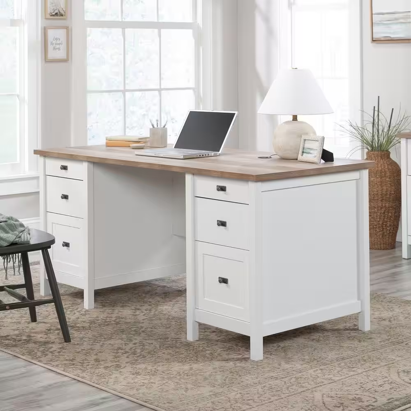 Cottage Road 65.118 In. White 6-Drawer Executive Desk with File Storage and Cord