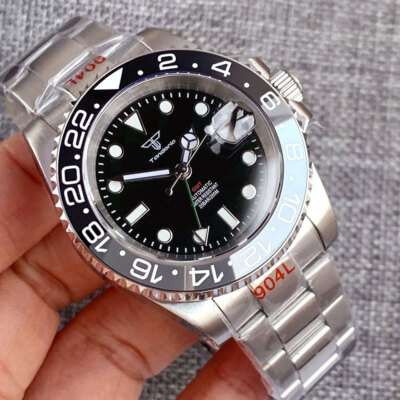 40mm Tandorio Black Dial NH34A GMT Automatic Mens Watch Ceramic Black Gray Bezel