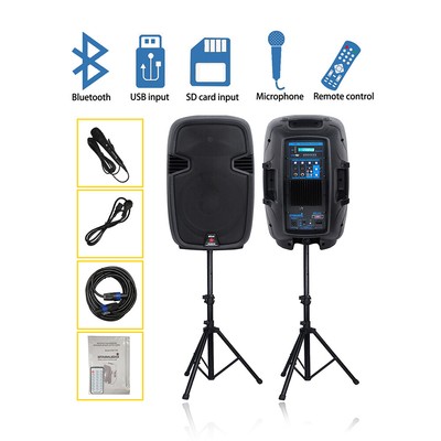 12 Inch 2000W PA Powered Active USB Speakers Stage Duty Steel Stands Wired Mic