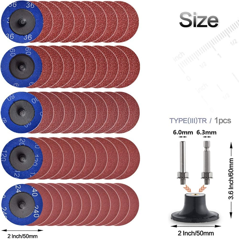 50Pcs Quick Change Discs Set, 2 inch A/O Sanding Discs with 1/4" Holder, for Die