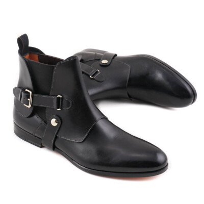 Pre-owned Santoni $1295  Fatte A Mano Black Chelsea Boots W/ Buckle Detail Us 6.5 Shoes