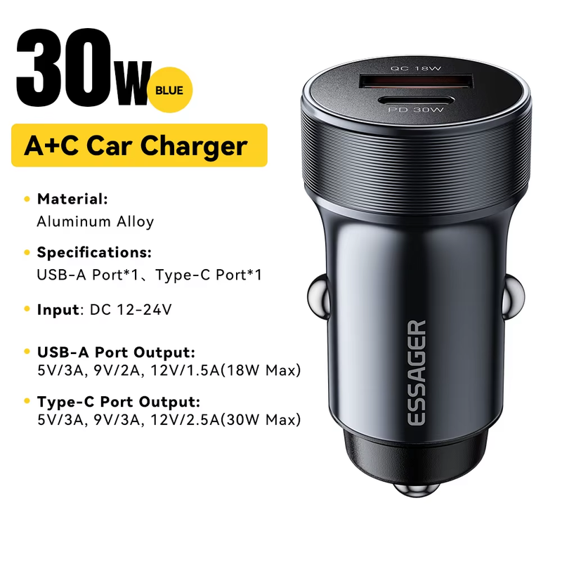 30W Mini Car Charger PD3.0 QC3.0 Quick Charge Type C Car Charger PD 22.5W Fast C