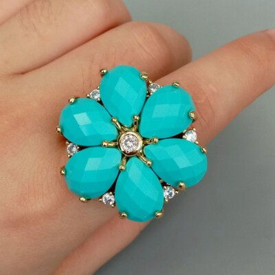Blue Crystal Cubic Zirconia Flower Shape Ring For Women Girl Friend Gift