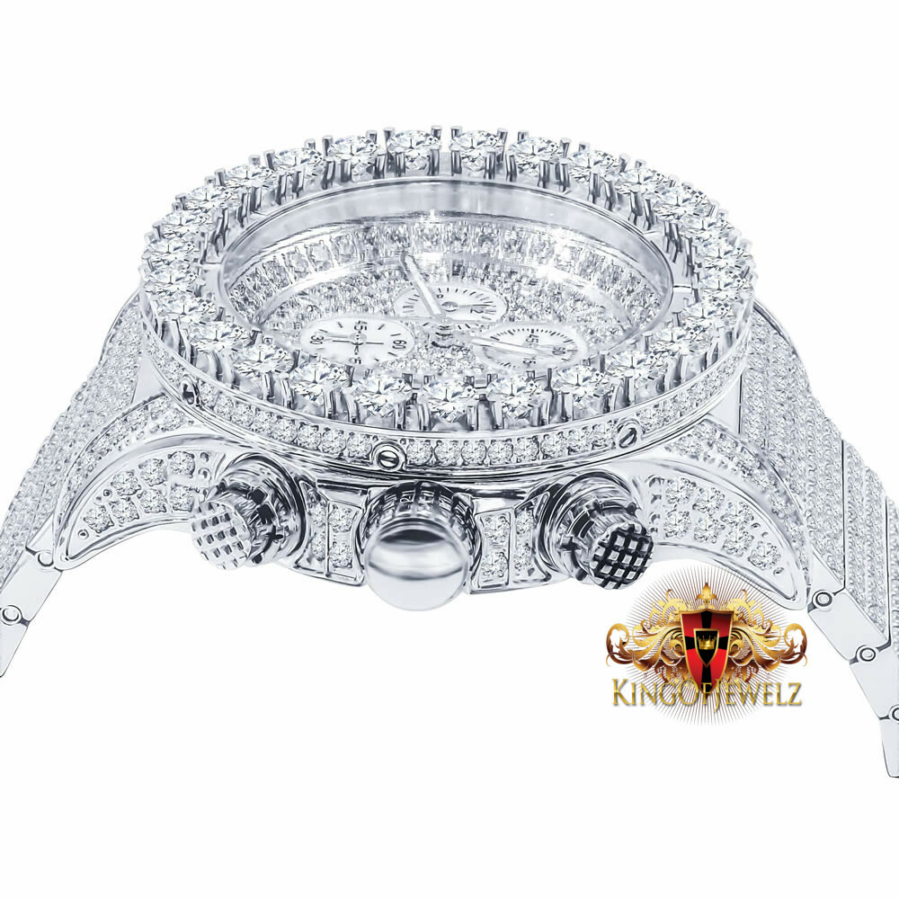 Pre-owned Blingmaster Solid Stainless Steel White Gold Tone Simulated Diamond 10 Row Band Watch 48mm