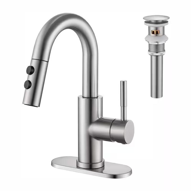 Bathroom Sink Faucet Pull Down Sprayer Single Handle Stainless Pop Up Drain