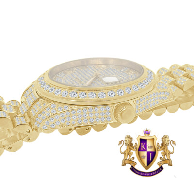 Pre-owned Usdiamondking Full Solid Steel 18k Yellow Gold Tone Simulated Diamond Luxury Watch 42mm W/date