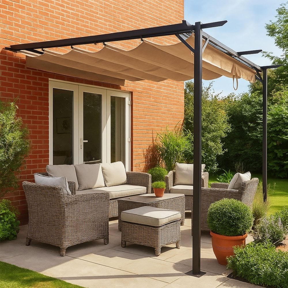 Wall Mounted Outdoor Retractable Steel Pergola with Canopy BEIGE  3 x 3 m new