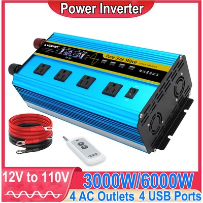 3000W 6000W Pure Sine Wave Power Inverter DC 12V to AC 110V 120V Converter 4USB