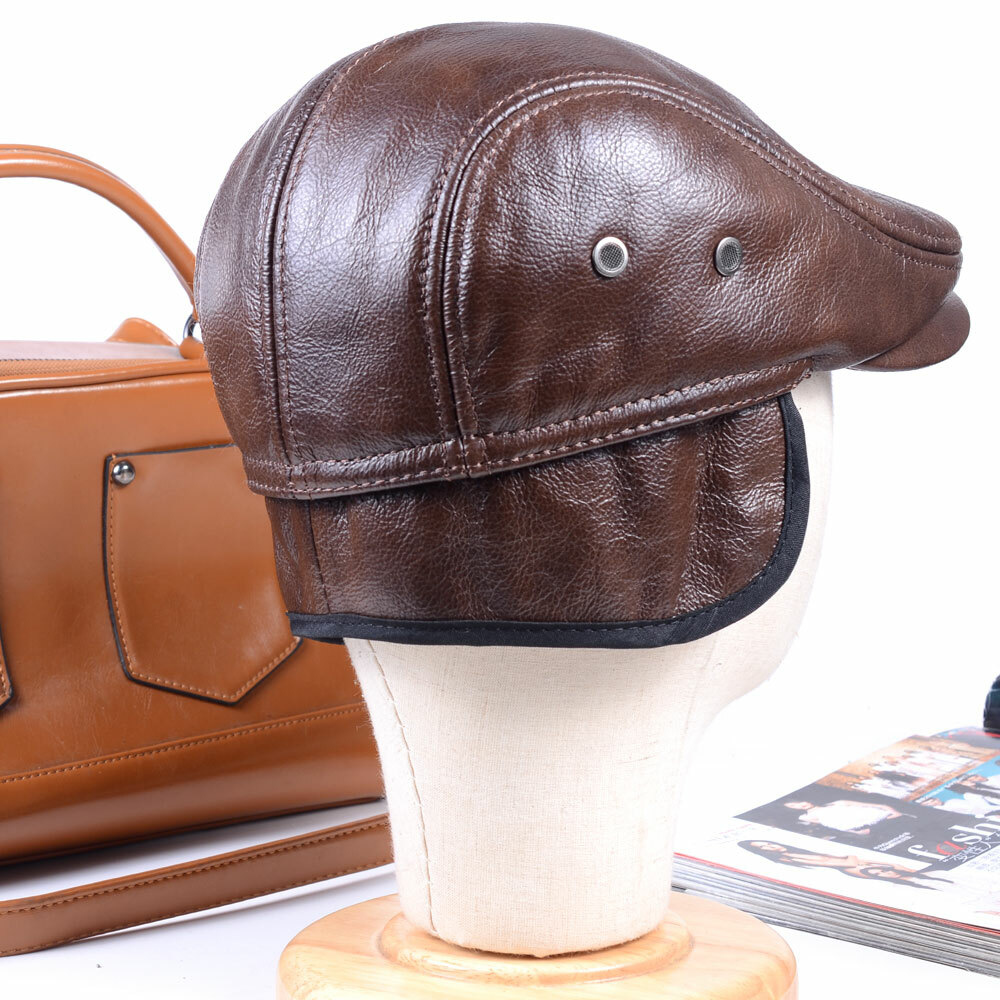 Men's Real Leather Winter Warm Ear Flap Army beret Peaked cap Newsboy