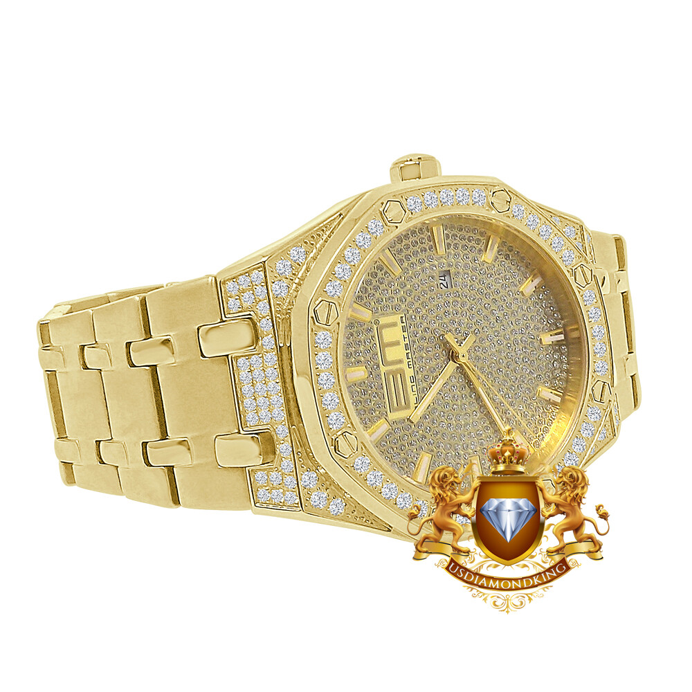 Pre-owned Bling Master Men's Full Solid Steel 18k Gold Finish Simulated Diamond Ap Style Watch 40mm In Gold Tone