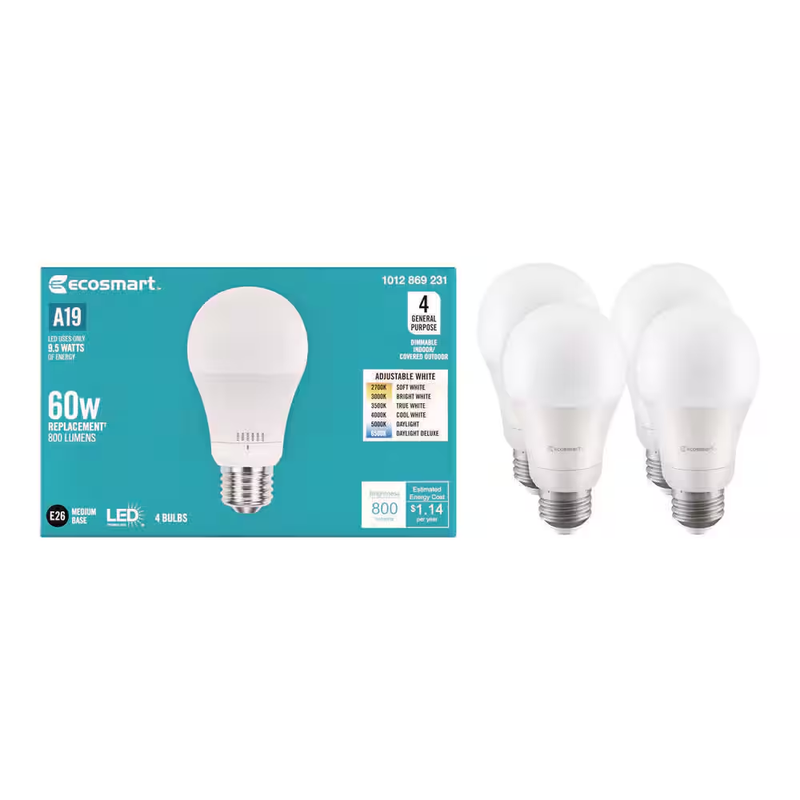 EcoSmart A19 LED Light Bulb E26 Dimmable 6 Color Selectable 15000 Hour Lamp