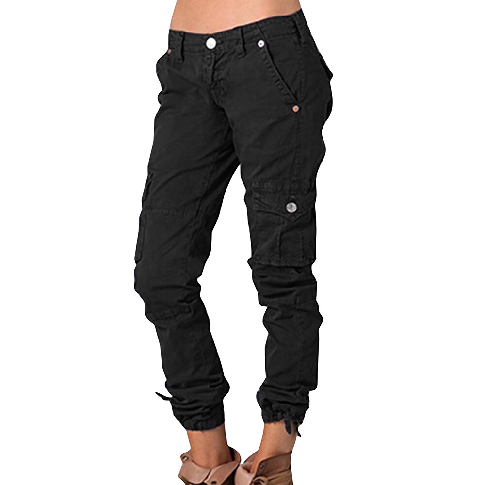 Womens Low Waist Solid Cargo Combat Work Pants Casual Joggers Trousers Bottoms