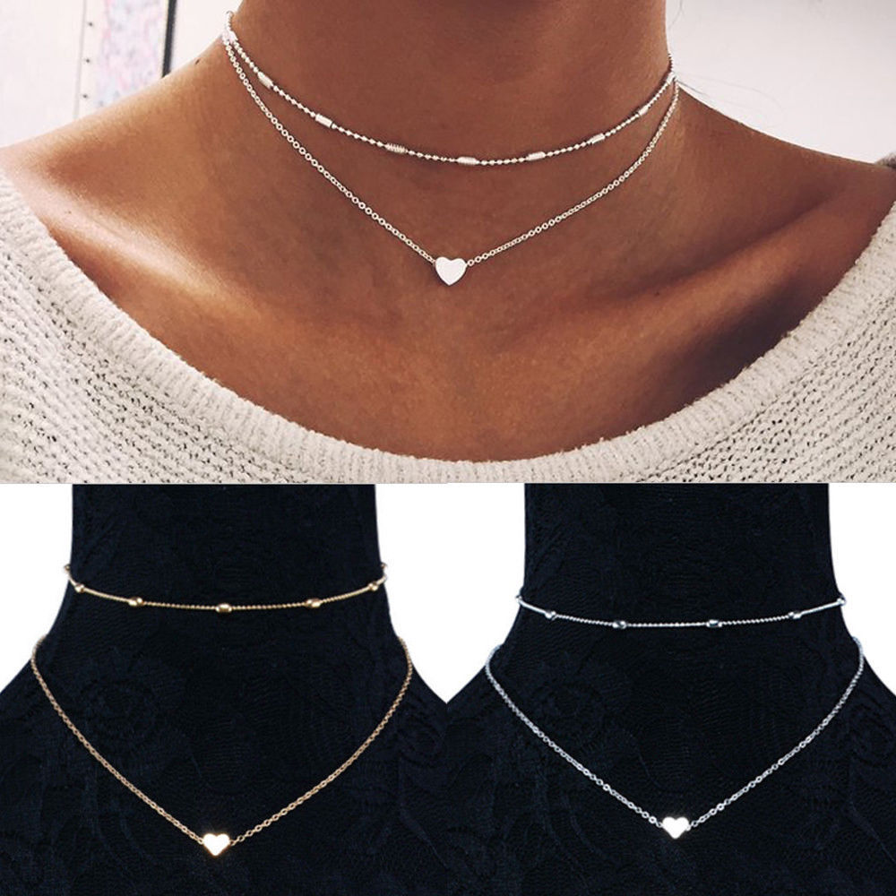 925 Silver Gold Heart Choker Chunky Chain Bib Necklace Women Jewelry Pendant GF