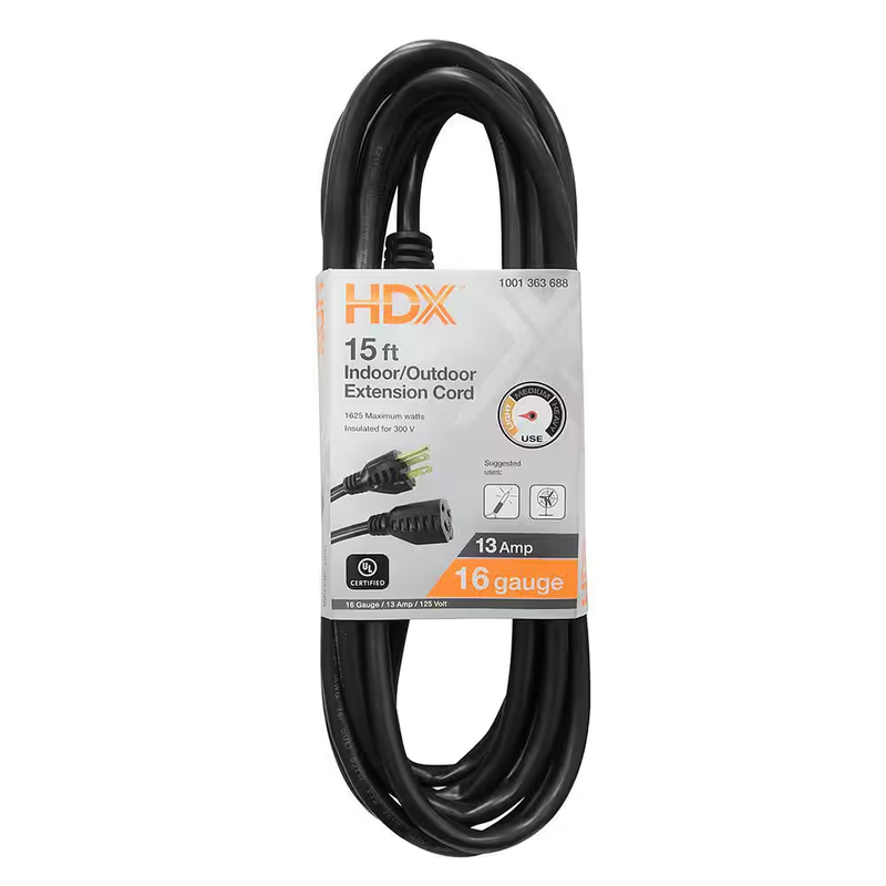 Extension Cord 15 Ft 16/3 Gauge Indoor Outdoor Power Cable Light Duty 13 Amp
