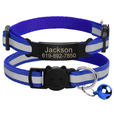 Reflective Breakaway Safety Cat Collar & Custom Name ID Tag No Noise & Bells