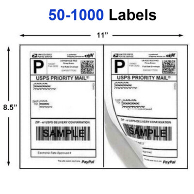 50-1000 Premium 8.5'' X 5.5'' Half Sheet Self Adhesive Shipping Labels 2 Per Sheet